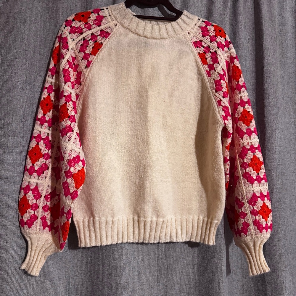 Bunulu Women’s Small Cream Sweater Crochet Granny Square Sleeves Boho Wool Blend - Picture 2 of 10